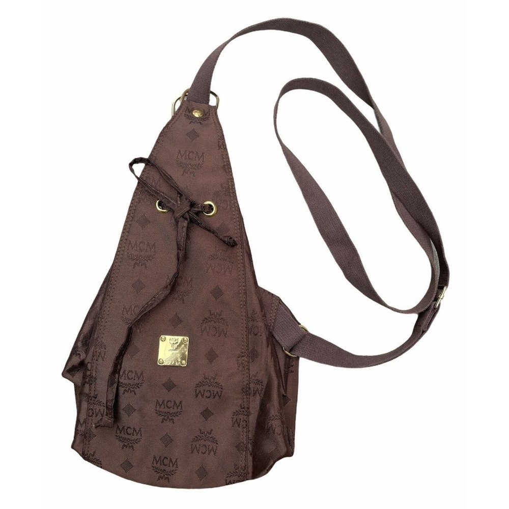 Vintage MCM ~ Brown Logo Nylon Drawstring Sling Backpack Bag ~ Hand Made